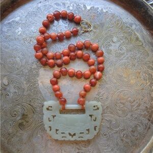 Antique Estate Jade & Coral Necklace